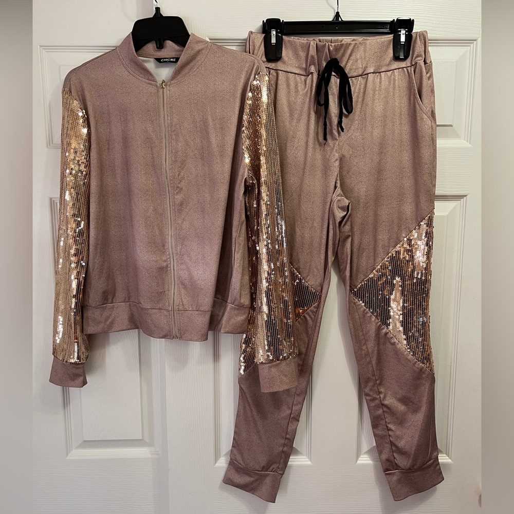 Chic Me Two Pieces Outfit Contrast Sequin Lounge Set